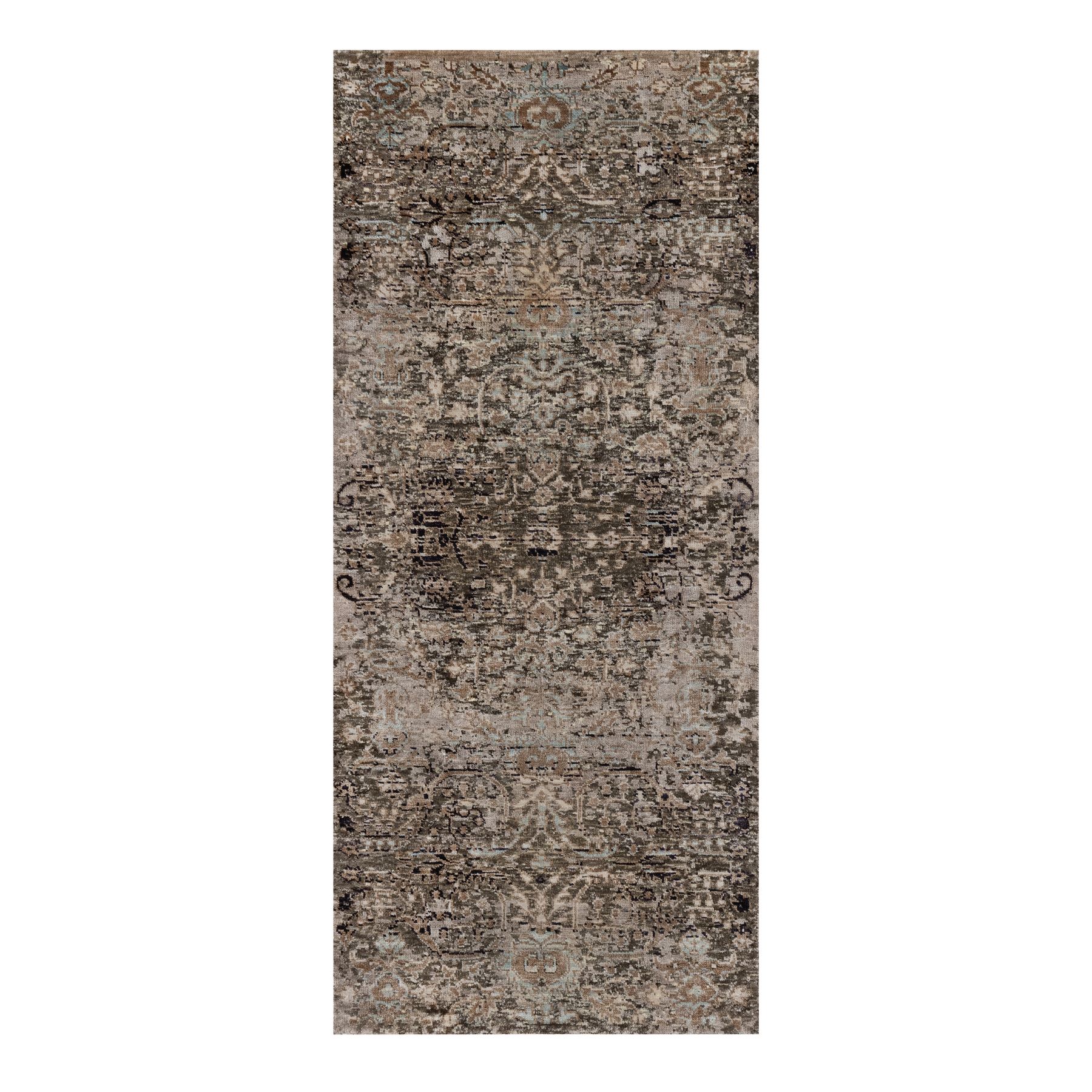 2'7"x6'1" Shades of Brown, Hand Knotted, Transitional Persian Influence Erased All Over Design, Silk with Textured Wool, Runner, Oriental Rug 